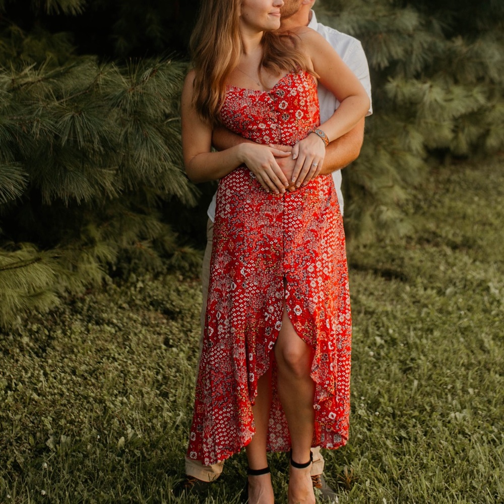 Red high-low buttoned dress